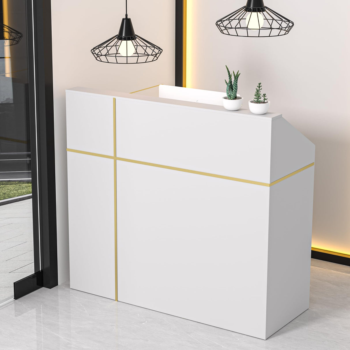 Spurgehom Reception Desk with Counter, Modern Front Table Equipped Lockers & Storage Shelves, 48-inch Checkout Counter with DIY Stripe for Lobbies, Salons, Retail, Home Offices, Reception Room Spurgehom