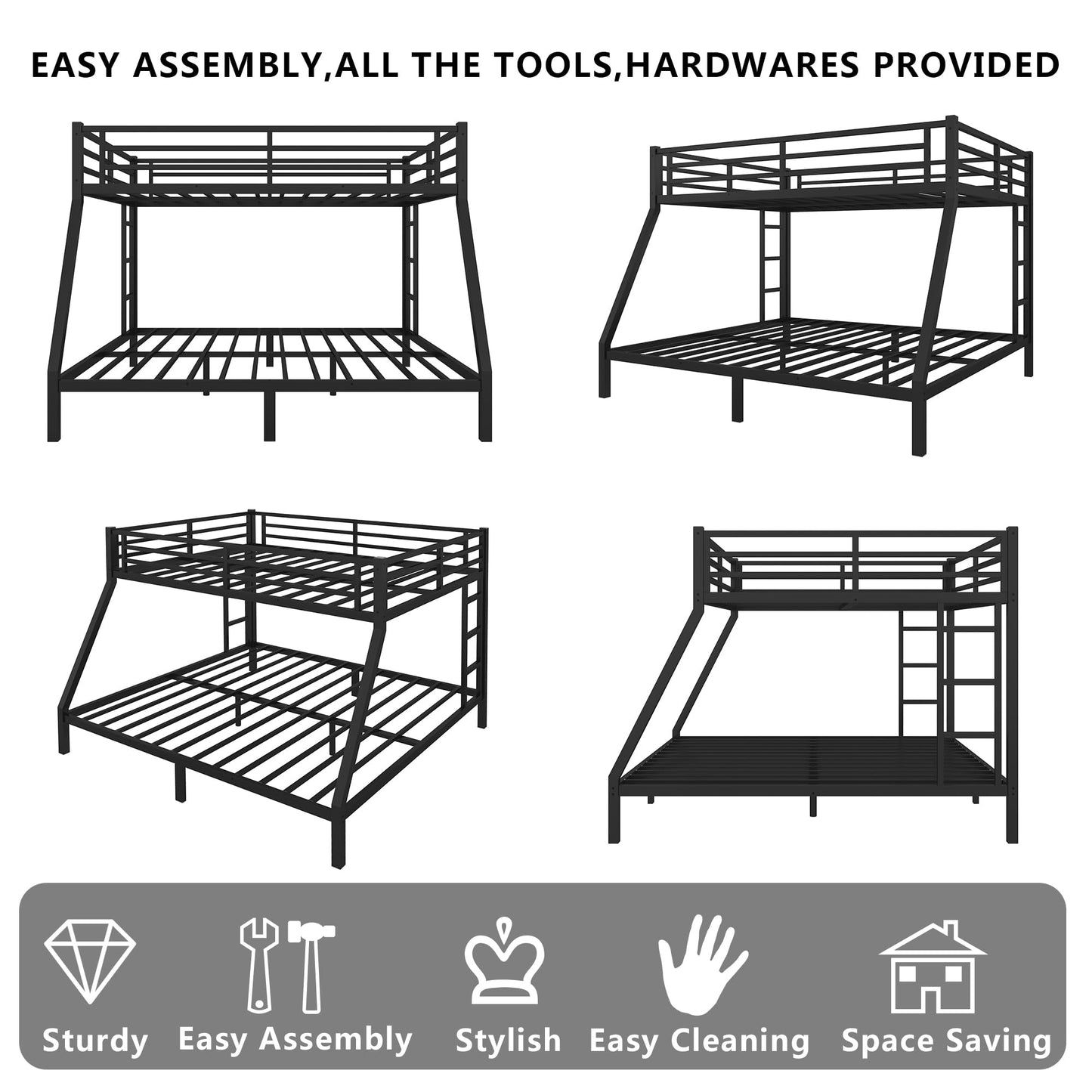 Setawix Metal Queen Over King Bunk Bed,Heavy Duty Queen and King Bunk Beds for Adults,Industrial Bunkbed with Ladders for Kids,Teens,Boys,Girls,Space Saving,Low Noice (Black, Queen Over King)