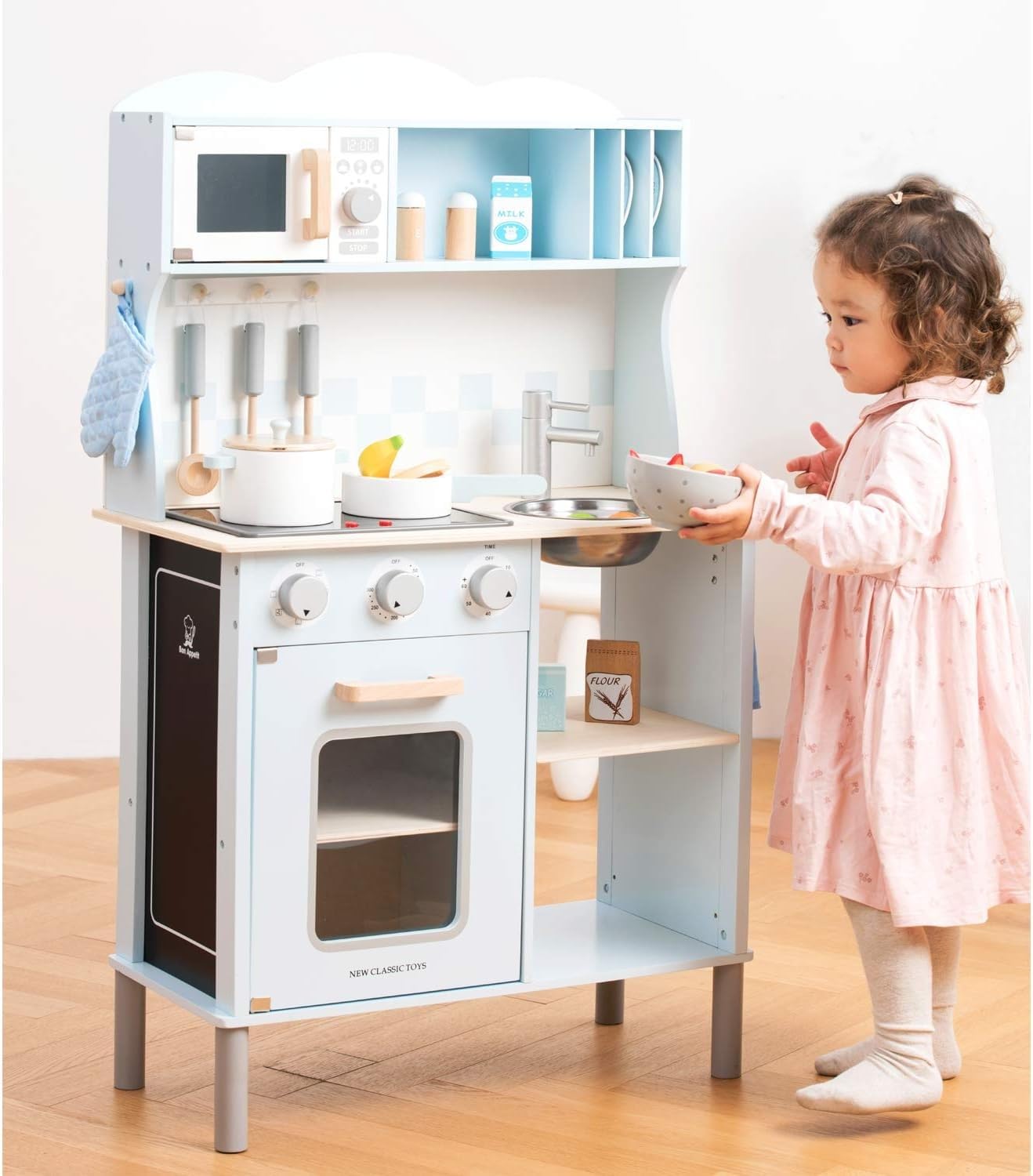 New Classic Toys Blue Wooden Pretend Play Toy Kitchen for Kids with Role Play Bon Appetit Electric Cooking Included Accesoires Makes Sound - WoodArtSupply