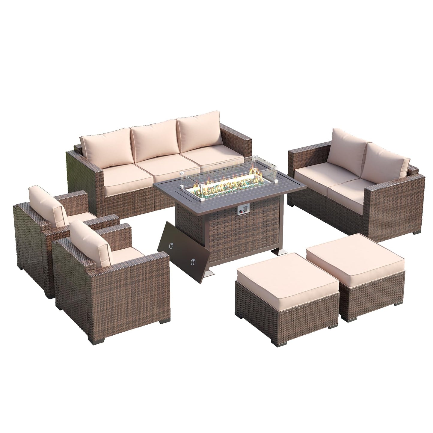 Amopatio Outdoor Patio Furniture Sets, 10 Pieces Wicker Patio Furniture, Outdoor Sectional Patio Couch Set with Ottoman, Patio Conversation Set with 44" Gas Fire Pit (Khaki) - WoodArtSupply