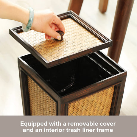 Primo Supply Rattan 7L Trash Can - Hand Woven Brown Square Garbage Bin with Lid - Small Wooden Bathroom Kitchen Decorative Waste Basket Primo Supply