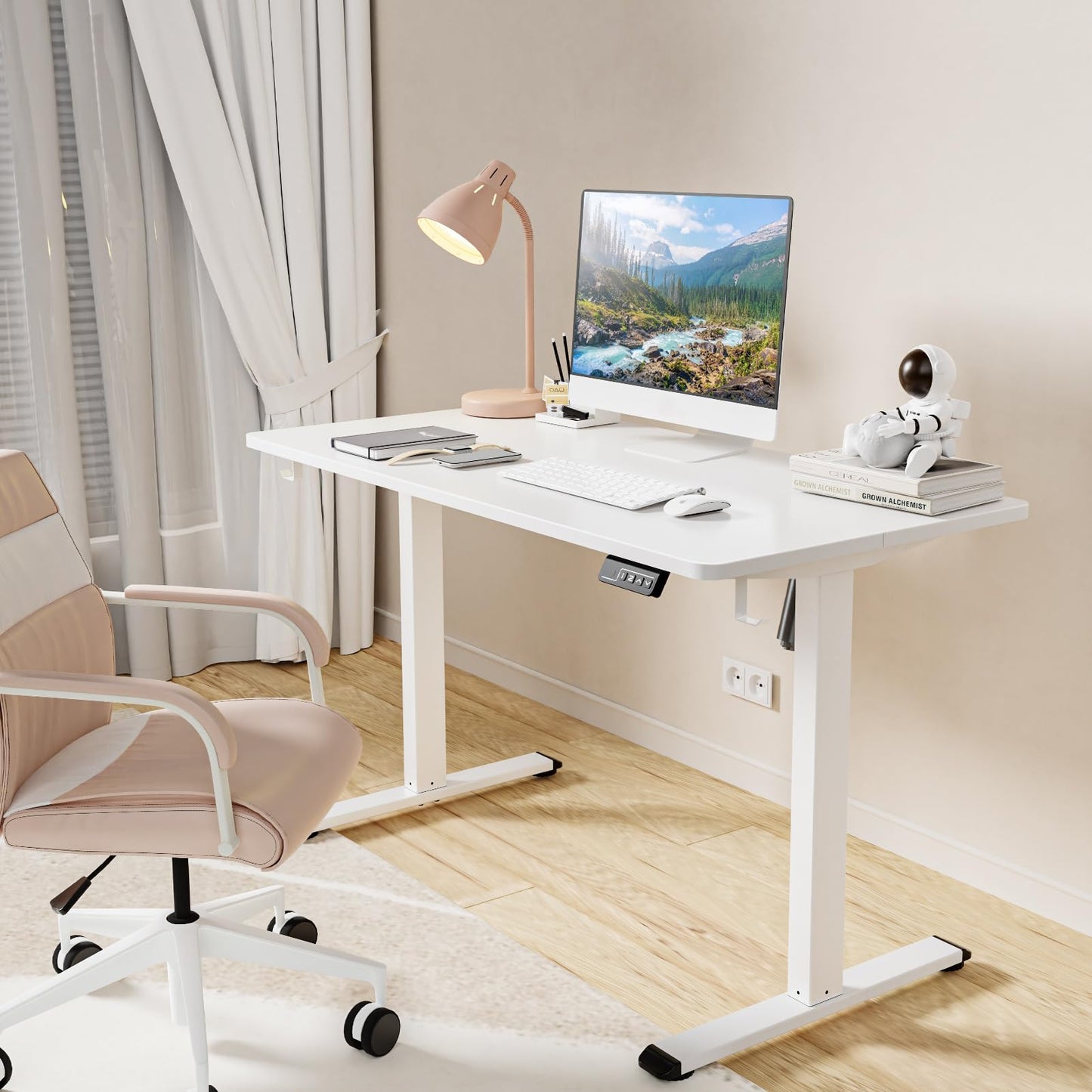 MOUNTUP Electric Height Adjustable Standing Desk, 48 x 24 Inches Sit Stand Desk with Memory Controller, Ergonomic Stand Up Desk for Home Office with Splice Board, White - WoodArtSupply