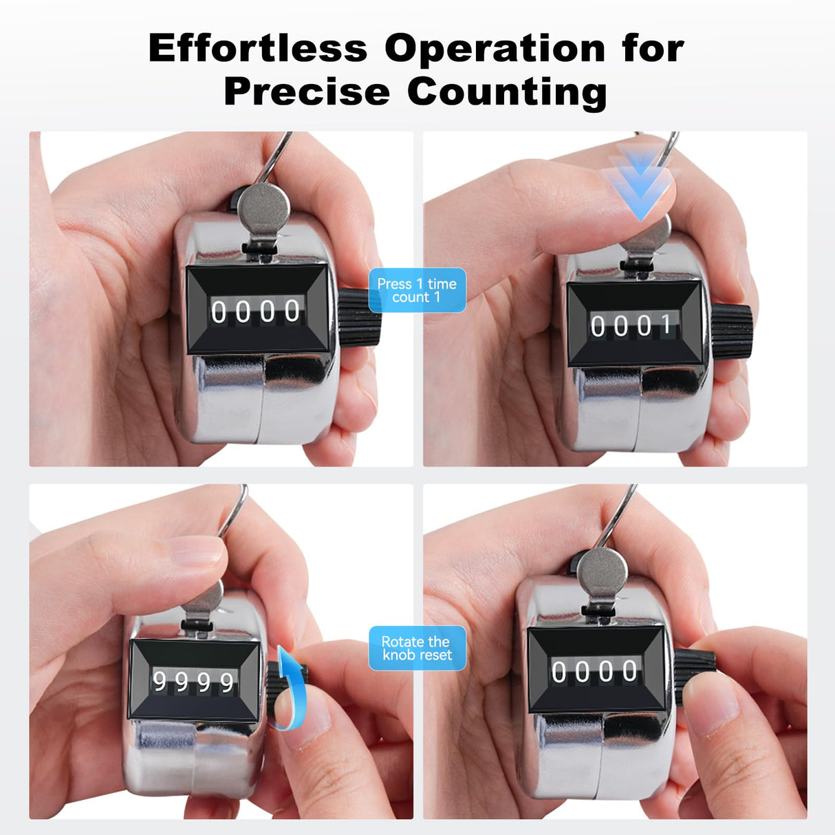 Anyongora Clicker Counter, Metal Hand Tally Counter Clicker with 4 Digit Display, Pitch Counter for Golf Stroke, Baseball, Coaching, Knitting, Lap, Row Sport, Silver Anyongora