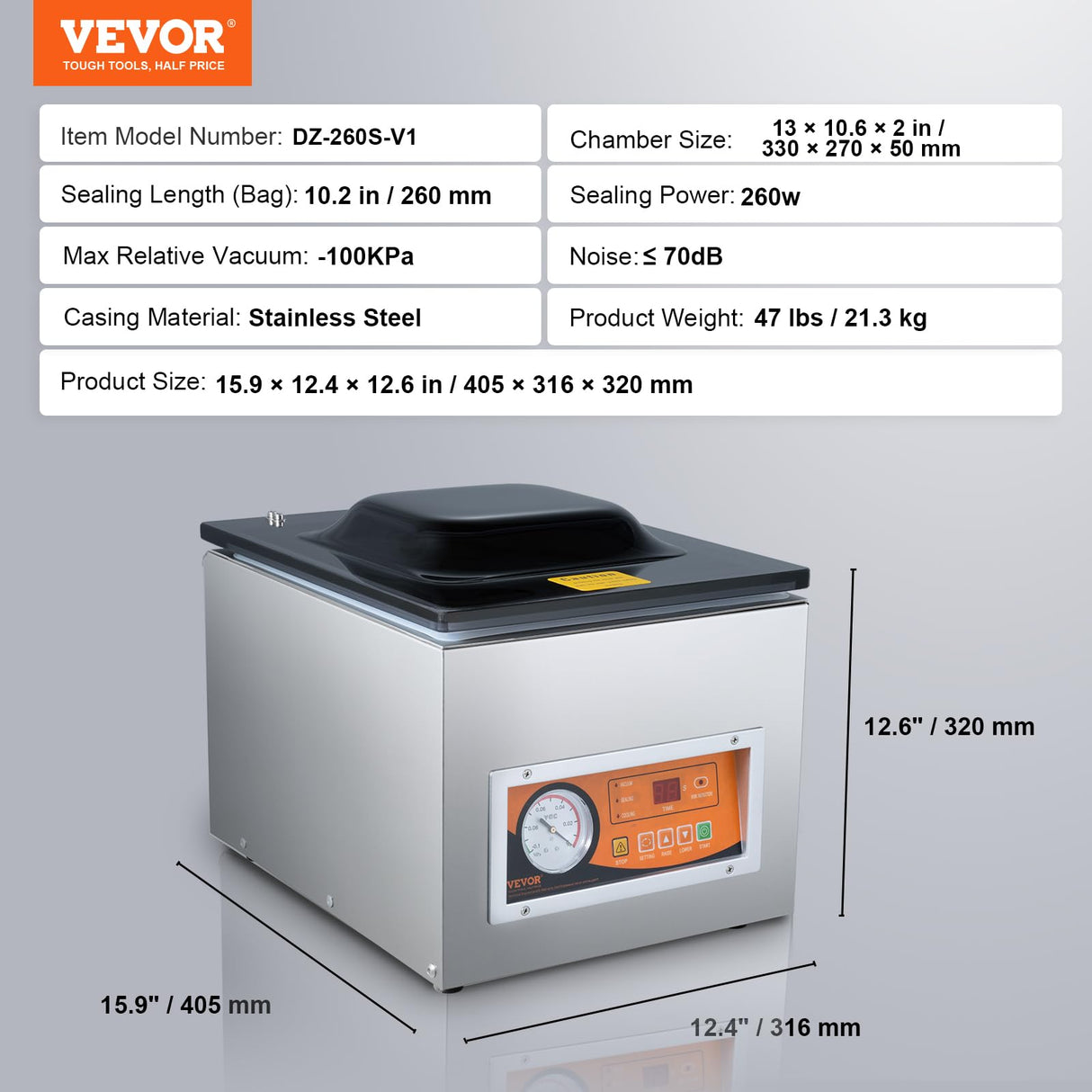 VEVOR Chamber Vacuum Sealer, 260W Sealing Power, Vacuum Packing Machine for Wet Foods, Meats, Marinades and More, Compact Size with 10.2" Sealing Length, Applied in Home Kitchen VEVOR