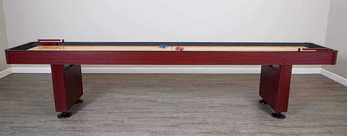 Challenger Shuffleboard Table with Dark Cherry Finish, Hardwood Playfield, Storage Cabinets, Climate Adjusters, Leg Levelers, 8 Pucks, Brush and Wax Hathaway