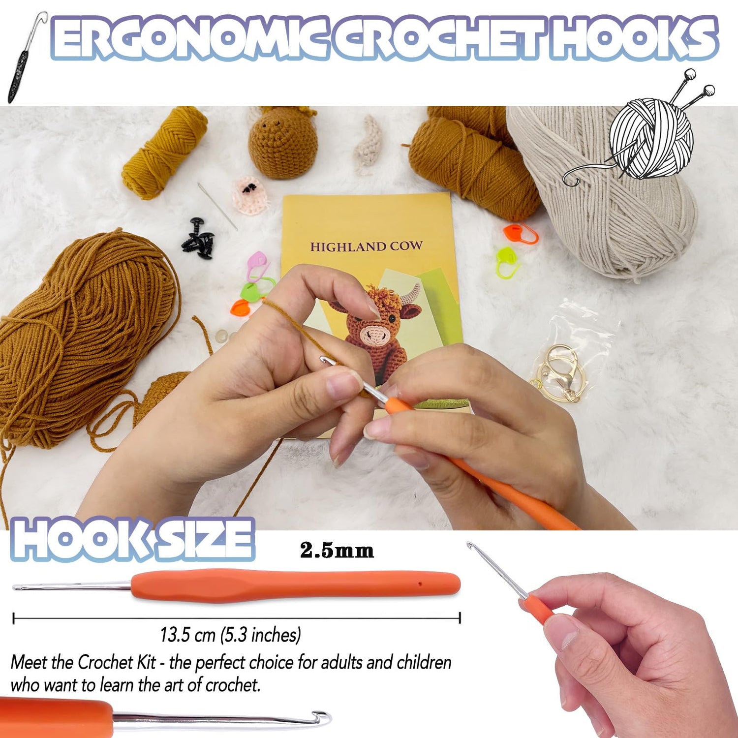 Highland Cow Crochet Kit for Beginners Intermediates - 2 Pcs Animals Craft Crochet Starter Kit with Step-by-Step Video Tutorial, Easy Knitting Set for Adults Kids, Women Learn to Crocheting Gift Idea LOLCROCHET
