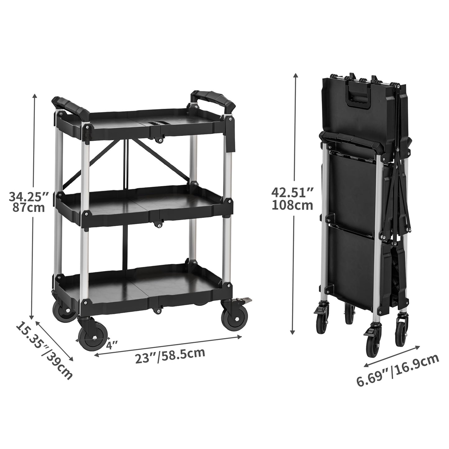 YITAHOME Folding Utility Service Cart, 350LBS 3 Tier Foldable Cart with Wheels Collapsible Cart on Wheels with 360°Swivel Wheels (2 with Brakes), Portable Cart for Home Garage Restaurant Office