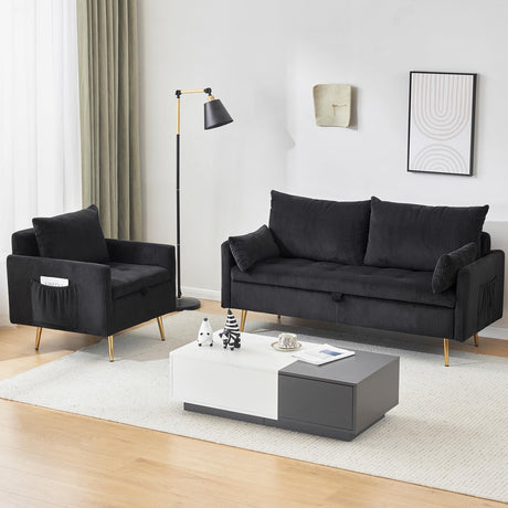 Furnimart 3-Seater Storage Sofa and Couch, Corduroy Loveseat with Accent Single Chair, Small Living Room Furniture Set for Apartment, Tiny Homes and Lofts, 2PC-Black Furnimart