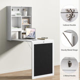JAXPETY Wall Mounted Fold Out Desk with Storage Shelves Convertible Floating Desk Space Saving Wall Mount Table with Blackboard, White JAXPETY