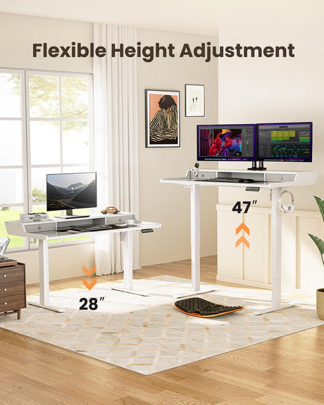 ErGear Electric Standing Desk with Drawers, 55″ x 28″ Gaming Desk with Monitor Stand, C-Clamp Mount Compatible, Home Office Height-Adjustable Desk with Storage Shelf, 4 Preset Heights, White, EGESD37W ErGear
