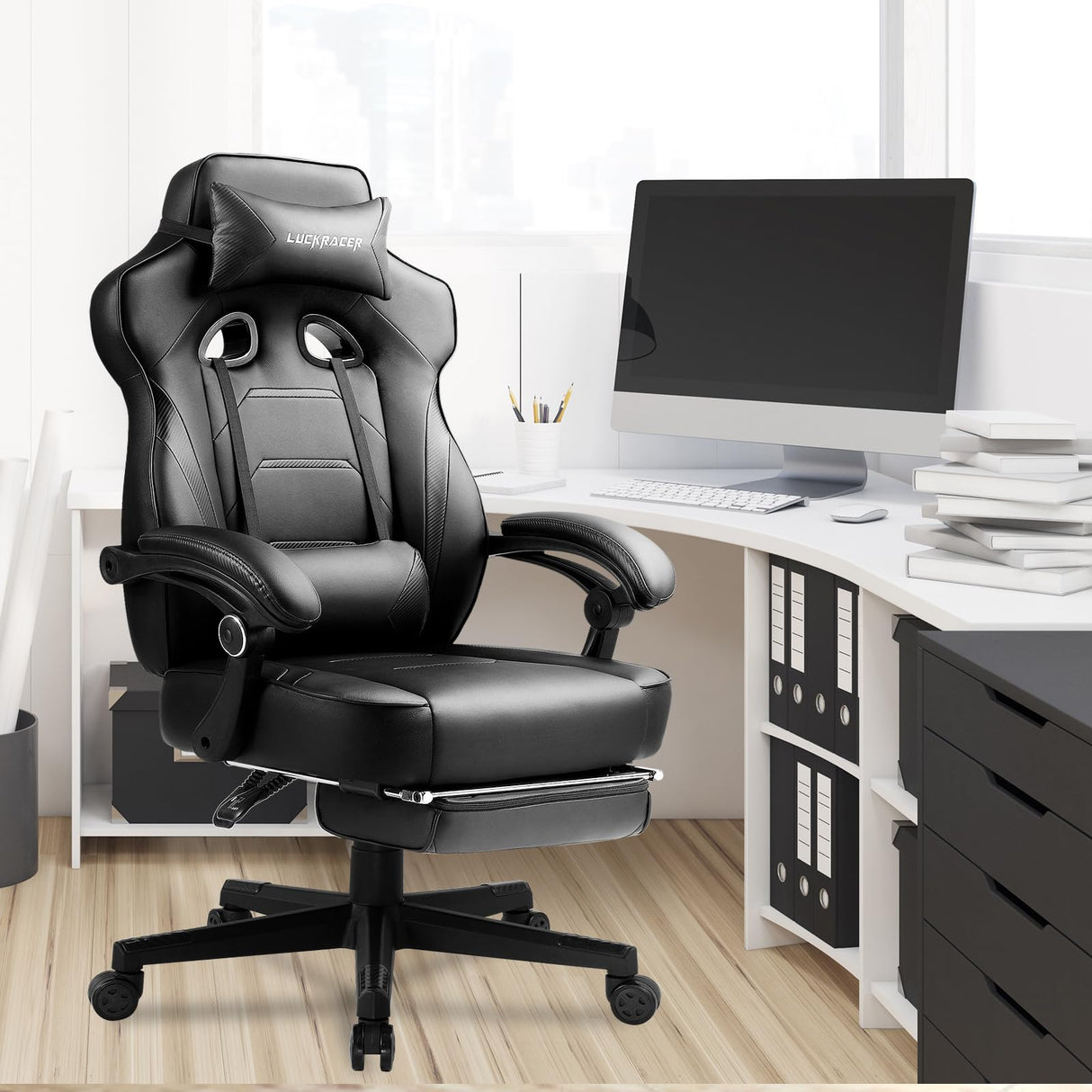 LUCKRACER Gaming Chair, Video Game Chairs Gaming Computer Chair with Footrest 350Lb Heavy Duty Gaming Chair Ergonomic Office Chair Lumbar Support for Adults, High Back, Swivel Seat, Recliner(Black) LUCKRACER