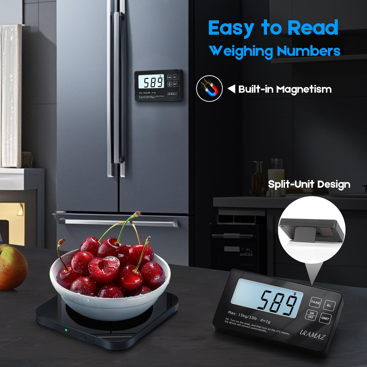 Food Scale with Detachable Display, 33lb Stainless Steel Kitchen Scales Digital Weight Grams and Ounces, Digital Food Scales for Kitchen, Baking Scale for Sourdough Bread Cooking, Weight Loss 1g/0.1oz URAMAZ