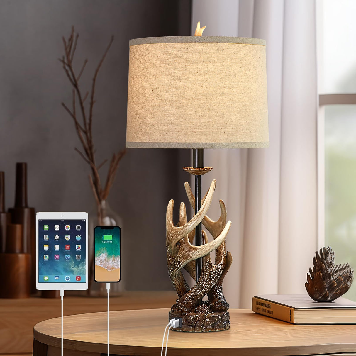 HUITICO Rustic Farmhouse Table Lamp for Living Room End Table Deer Antler Lamps with USB Ports 28" Tall Western Lamps for Bedroom Cabin Country Lamps for Nightstand, Single, Bulb Not Included HUITICO