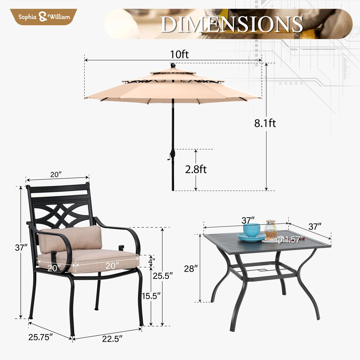 Sophia & William Patio Dining Set with Umbrella 6 Pieces, Outdoor Table and Chairs with 10ft Patio Beige Umbrella(No Base), Weather-Resistant for Garden, Backyard, Lawn, Balcony Sophia & William