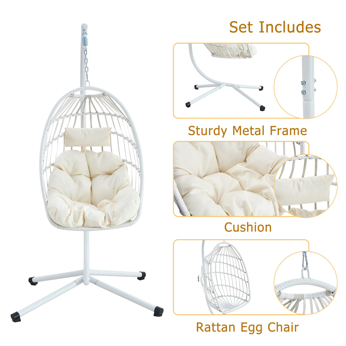 Hanging Egg Chair with Stand, Outdoor Swing Chair with Cushion and Headrest, Rattan Hammock Egg Chair for Backyard, Balcony, Indoor, 300lbs Capacity, White JEARGE