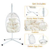 Hanging Egg Chair with Stand, Outdoor Swing Chair with Cushion and Headrest, Rattan Hammock Egg Chair for Backyard, Balcony, Indoor, 300lbs Capacity, White JEARGE