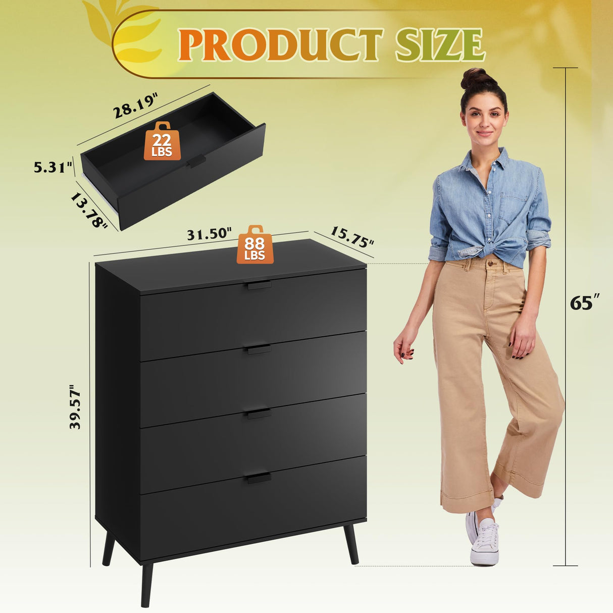 WLIVE 4 Drawer Dresser for Bedroom, Wooden Black Tall Dresser, Modern Dressers with Sturdy Metal Handle, Small Chest of Drawers for Living Room, Hallway WLIVE