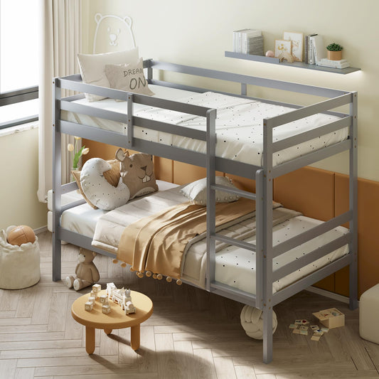 Giantex Twin Over Twin Solid Wood Bunk Bed with Safety Guard Rails and Ladder in Grey - WoodArtSupply