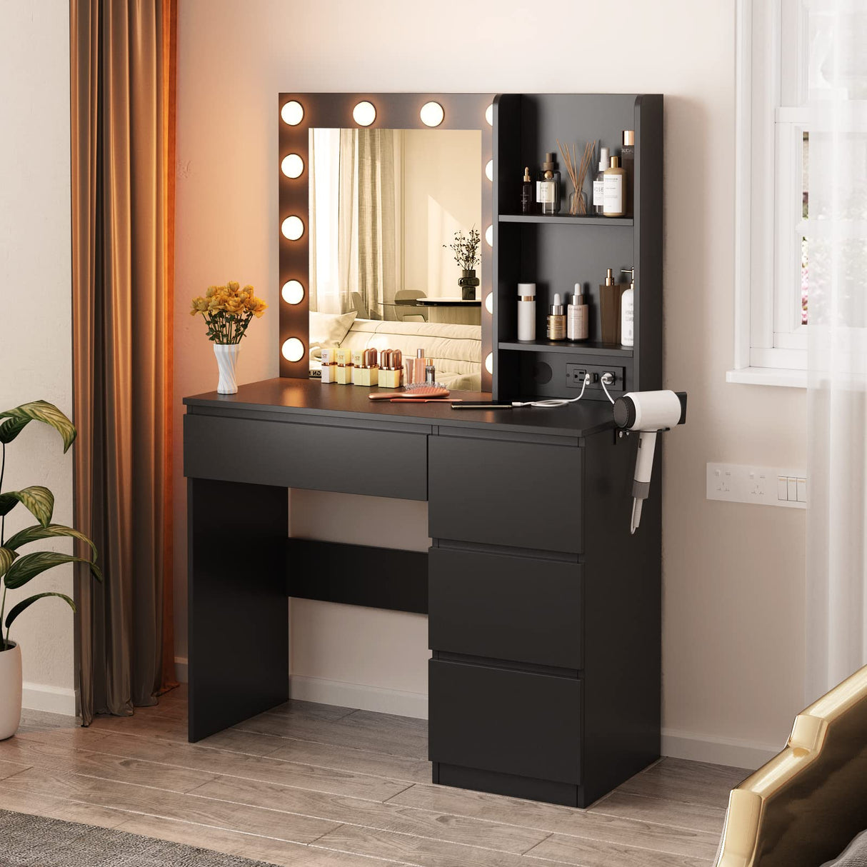 Vabches Makeup Vanity with Lights, 37inch Vanity Desk with Power Strip, 4 Drawers Makeup Table with Lighted Mirror, 3 Lighting Colors,Black Vabches