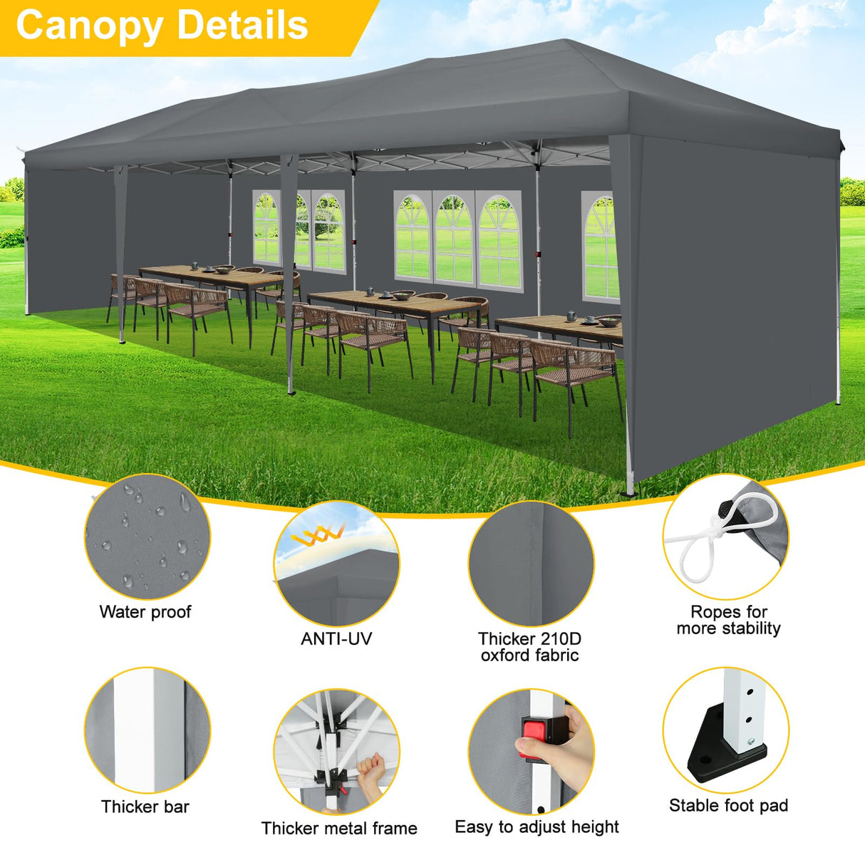 COBIZI Canopy 10x30 Pop Up Canopy Tent with 5 Sidewalls Party Tents for Parties Wedding Backyard Waterproof Canopy Outdoor Commercial Canopy Event Tent with Sandbags, Grey COBIZI