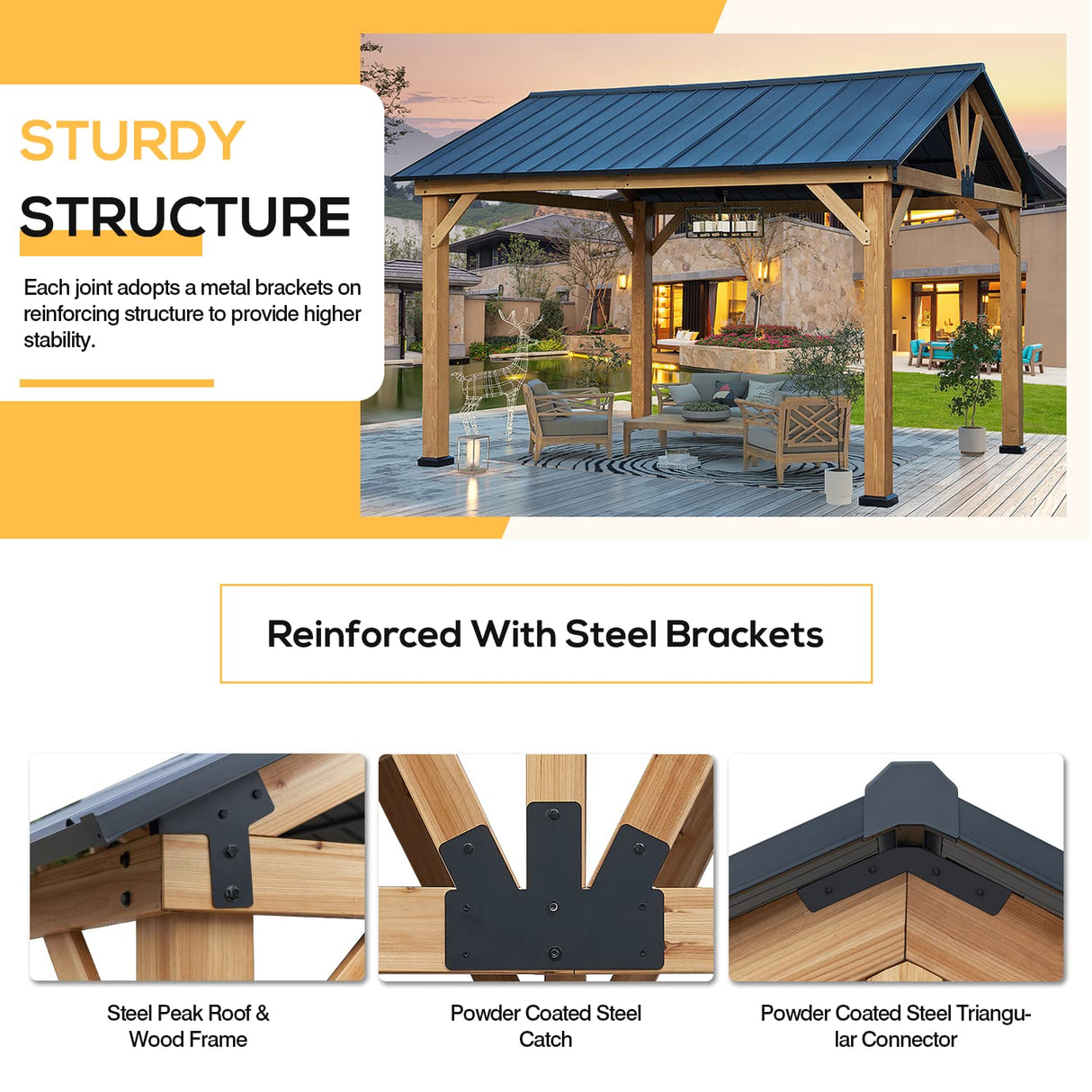 YOLENY 11' x 13' Wood Gazebo Outdoor Gazebo Spruce Wood Framed Gazebo with Black Steel Hardtop Roof for Garden, Patio, Lawns, Parties YOLENY