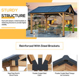 YOLENY 11' x 13' Wood Gazebo Outdoor Gazebo Spruce Wood Framed Gazebo with Black Steel Hardtop Roof for Garden, Patio, Lawns, Parties YOLENY