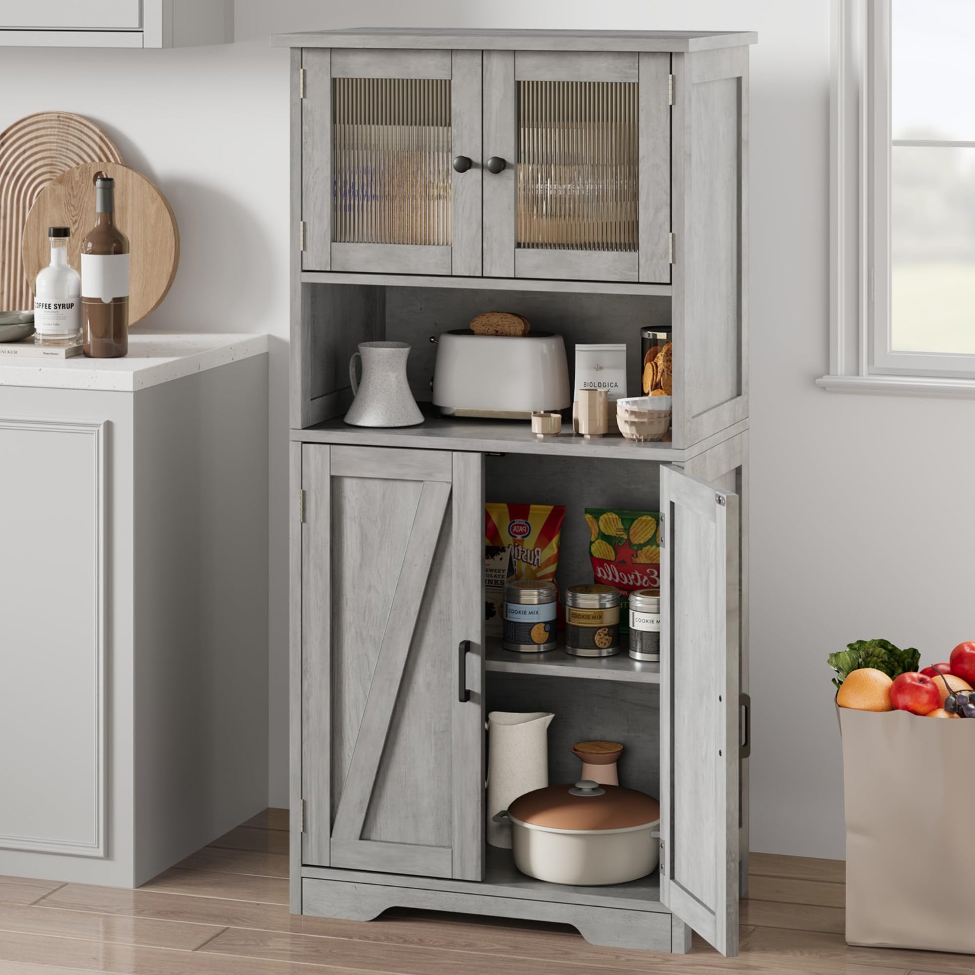 IDEALHOUSE 50.4" Grey Freestanding Kitchen Pantry Cabinet with Glass Doors and Adjustable Shelves - WoodArtSupply