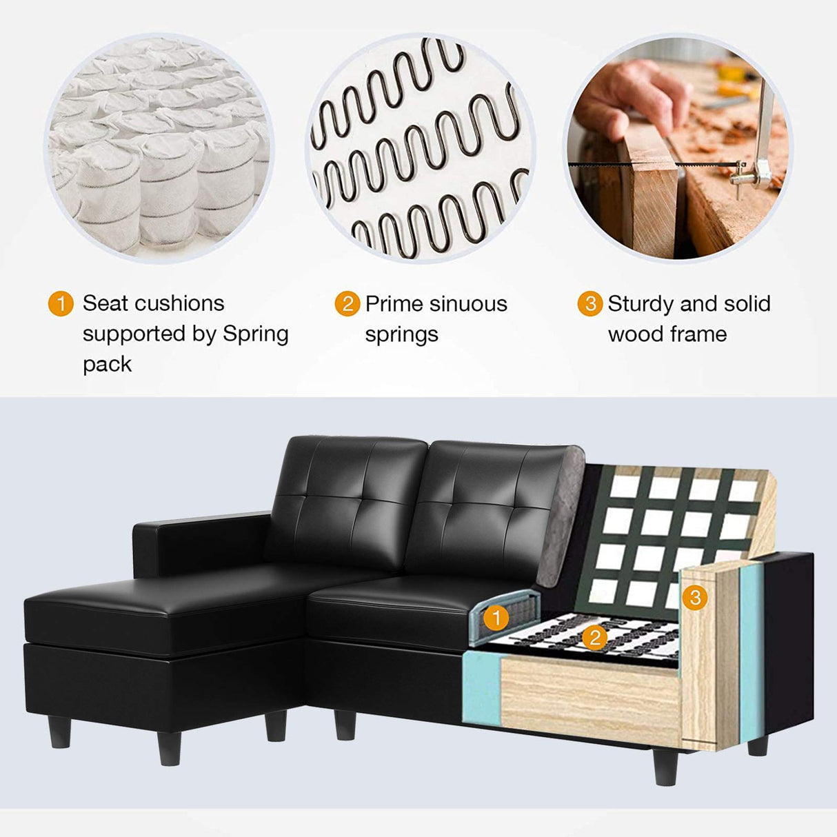 HONBAY Faux Leather Sectional Sofa Convertible L Shape Couch for Small Space, Black HONBAY