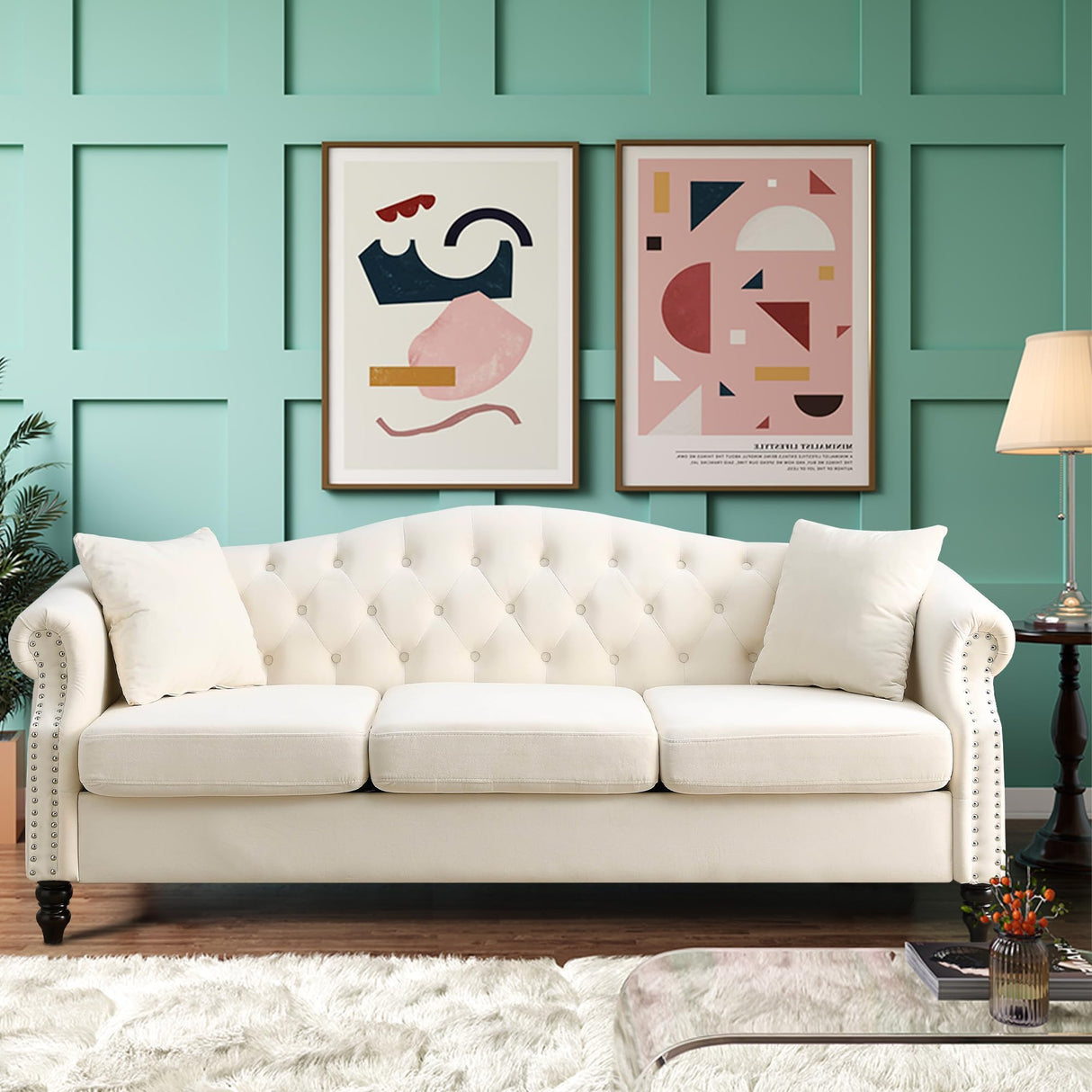 ATUMON 79" Chesterfield Sofa Couch for Living Room, 3-Seater Mid Century Modern Soft Velvet Tufted Sofa with Rolled Arms Nailhead & Two Pillows for Bedroom, Office & Coffee Bar, Beige ATUMON