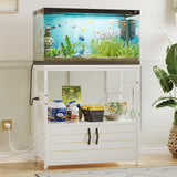 Bestier 20-29 Gallon Fish Tank Stand with Power Outlets, Metal Long Aquarium Stand with Storage Cabinet, 31x15 Reptile Terrarium Stand with Horizontal Gold Line, Stainless Hooks, 350 Lbs(White) Bestier