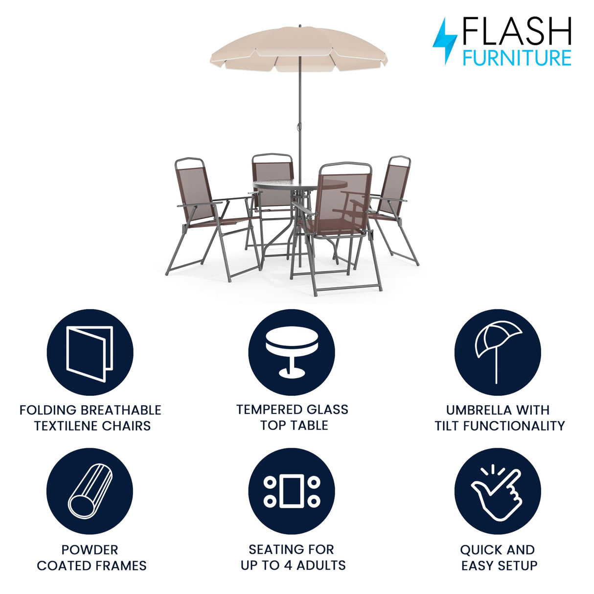 Flash Furniture Nantucket 6-Piece Patio Dining Set with Glass Table, 4 Folding Chairs, and Umbrella, Outdoor Patio Set, Brown Flash Furniture