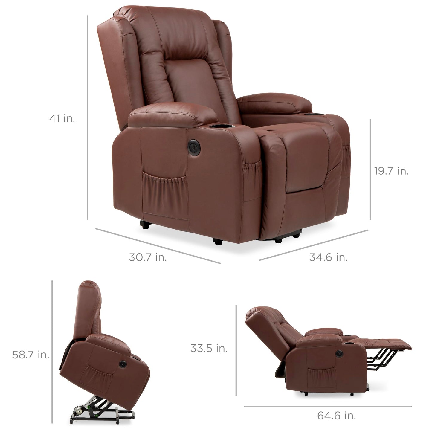 Best Choice Products PU Leather Electric Power Lift Chair, Recliner Massage Chair, Adjustable Furniture for Back, Legs w/ 3 Positions, USB Port, Heat, Cupholders, Easy-to-Reach Side Button - Brown