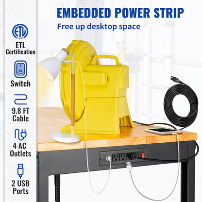 Adjustable Height Workbench with 2000 LBS Load Capacity, Power Outlets, Hardwood Top - Ideal for Garage, Office, and Home - WoodArtSupply