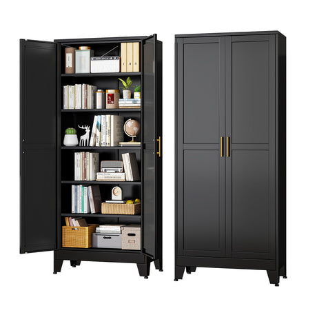 RISTERN Black Metal Storage Cabinet,75" Steel Cabinets for Home Office, Kitchen Pantry Storage Cabinet with Doors and 5 Adjustable Shelves, Tool Cabinets, for Office, Home, Garage, School RISTERN