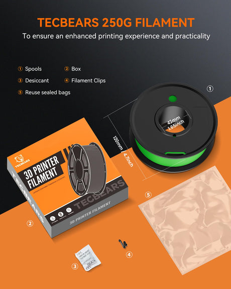TECBEARS Glow in The Dark Petg Filament，Neatly Wound 3D Printer Filament Bundle，250g/Spool, 8 Packs (2 Spool of Black Petg and 6 Spool of Glowing Blue/Green/Red/Yellow) TECBEARS