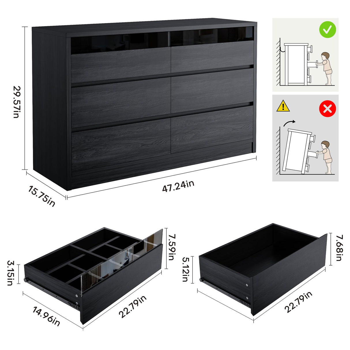 Jocoevol Modern LED 6 Drawer Dresser for Bedroom, Large Chest of Drawers with Hidden Handles, Long Double Wooden Dresser Closet for Living Room, Entryway, Hallway (Black) Jocoevol