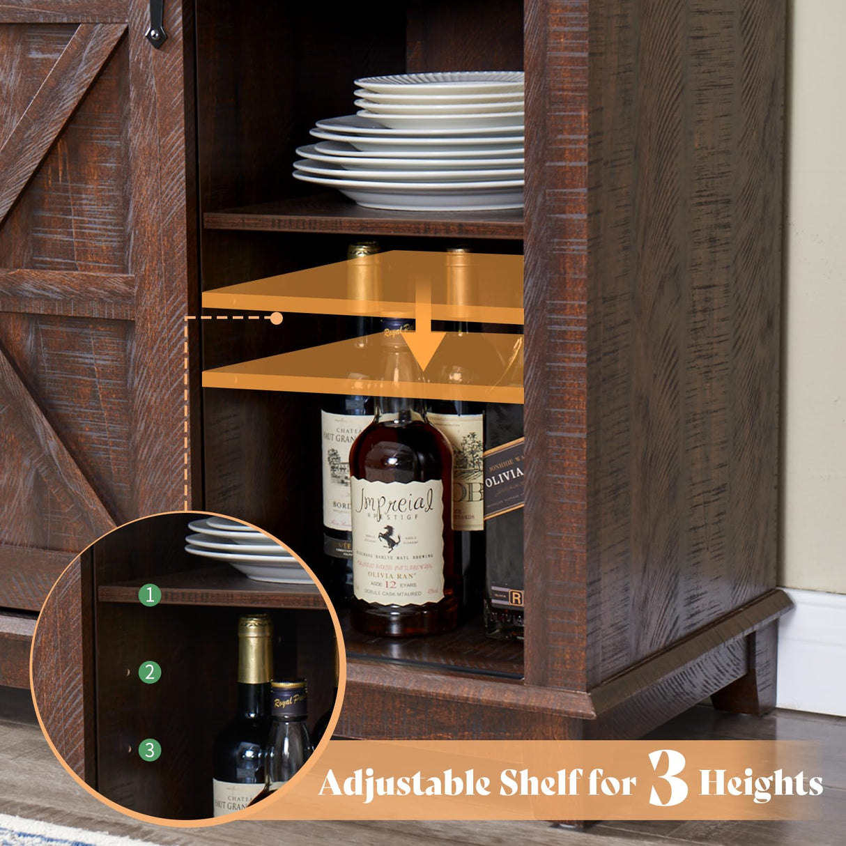 AMERLIFE 72'' Coffee Wine Bar Cabinet with Sliding Barn Door, Farmhouse Kitchen Sideboard, Buffet Storage Table, Wine Glass Racks, 3 Drawers, LED Lights, Tall Hutch Home Bar for Dining Room Brown AMERLIFE