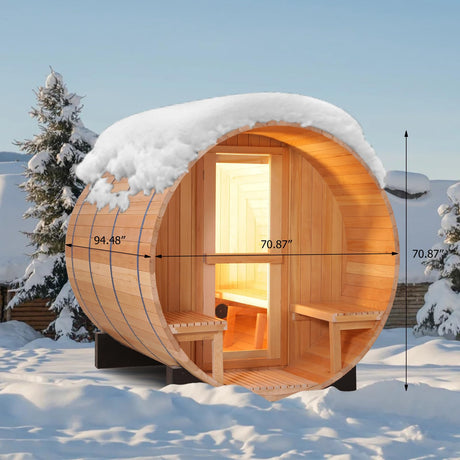ZONEMEL Indoor and Outdoor Barrel Sauna Room with Porch, Asphalt Shingle Roof, Canadian Hemlock Wood Steam Sauna with 6KW Harvia Heater, Tempered Glass, Mostly for 6 People Sauna Bath ZONEMEL