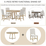 Merax 5 Piece Round Dining Table Set with Extendable Table and 4 Upholstered Chairs, Wood Kitchen Dining Table Chair Set for Dining Room, Living Room, Functional Furniture Retro Style (Natural) Merax