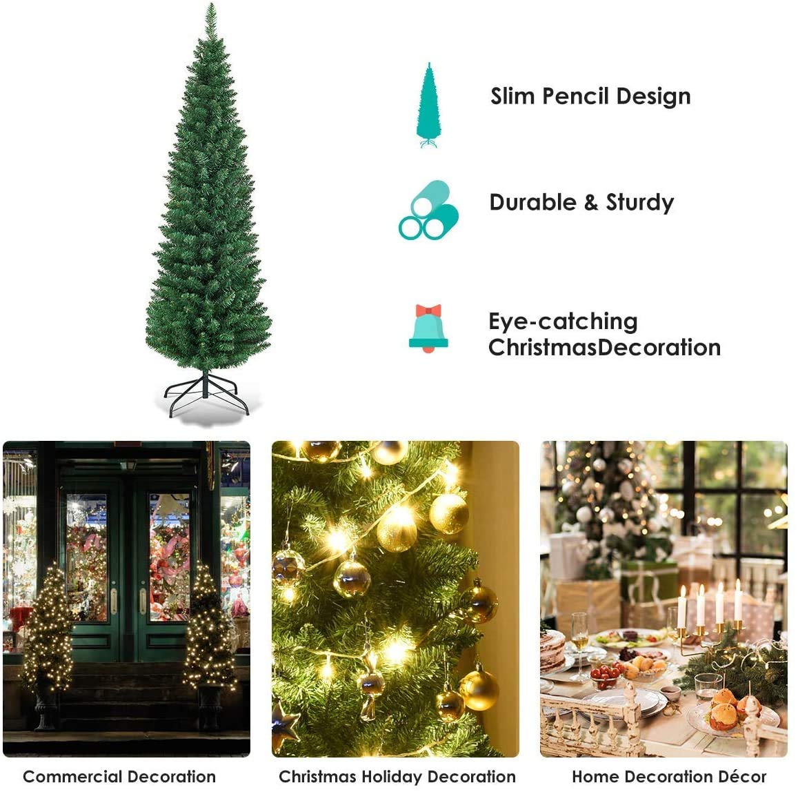 Giantex, Green Artificial Pencil Christmas, Premium Hinged Pine Tree with Solid Metal Legs, Perfect for Home, Shops and Holiday Decoration, (5FT) (Artificial Pencil Christmas Tree) Giantex