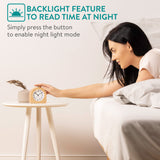 Navaris Wood Analog Alarm Clock - Half-Round Battery-Operated Non-Ticking Clock with Snooze Button and Light - Light Brown Navaris