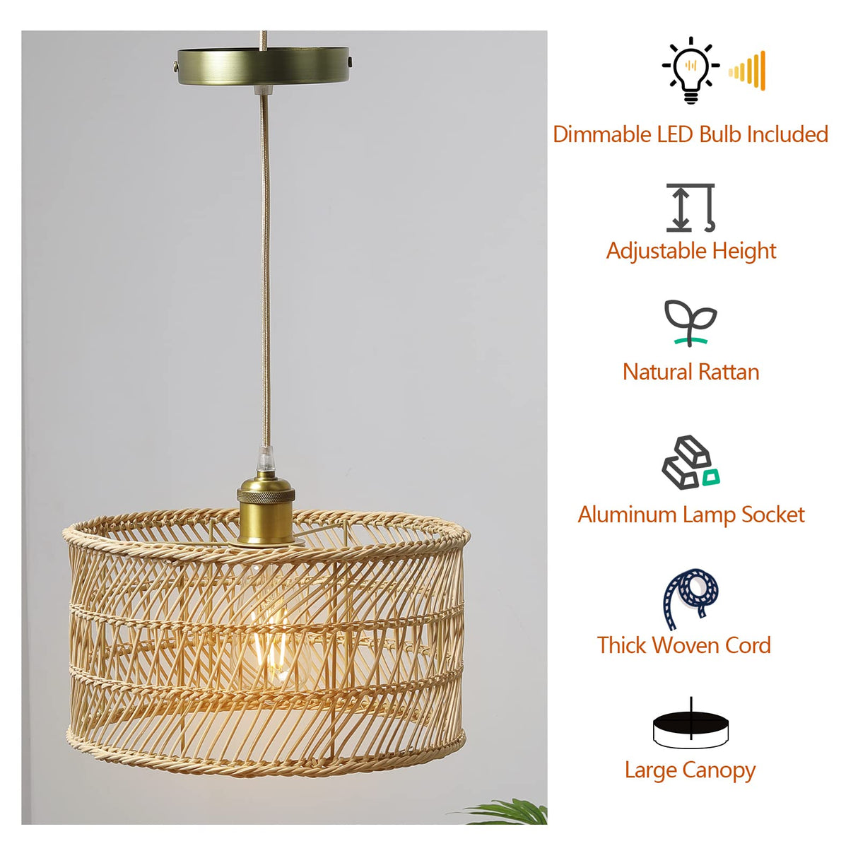 HOONEX Rattan Chandelier, Rattan Light Fixtures Ceiling, 12.4" Wicker Pendant Light for Dining Room Bedroom Kitchen Island, Natural HOONEX