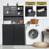 Arlopu Dual Tilt Out Trash&Storage Cabinet, Kitchen Sideboard Cupboard W/Pet Proof 10X2 Gal Hidden Garbage Holder, Freestand Laundry Sort Cabinet, W/Drawer, Shelves,Barn Door (Black) Arlopu