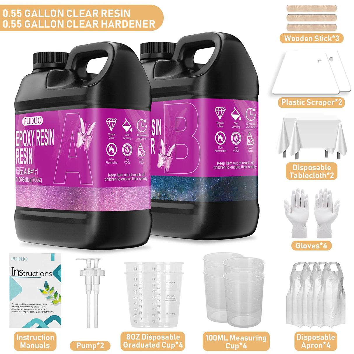 Puduo Epoxy Resin Kit 1.1Gallon，Newly Formulated Crystal Clear Epoxy Resin，Strong, Bubble-Free, Anti-Yellowing Art Resin That，Suitable for Casting, DIY, Resin Art, Molds, Easy to Mix 1:1 Ratio Puduo