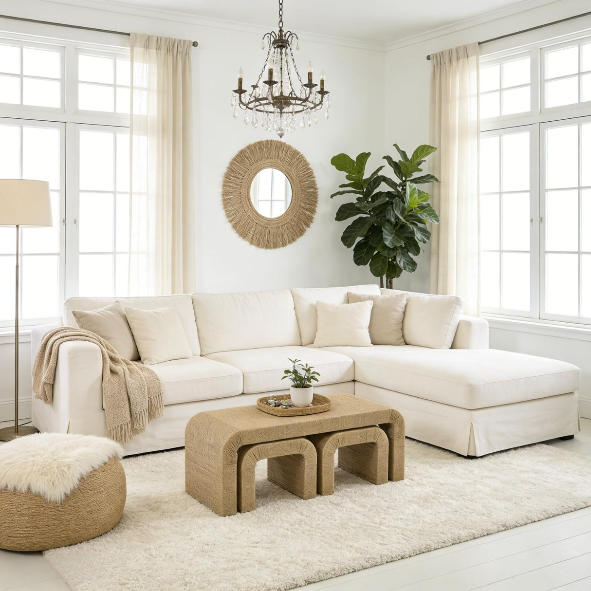 DM Furniture 3-Piece Nesting Woven Rope Coffee Table Set, 47" Modern Farmhouse Waterfall Wood Center Table with 2 Stools Underneath, Boho Coastal Living Room Accent Side End Table, Brown DM Furniture