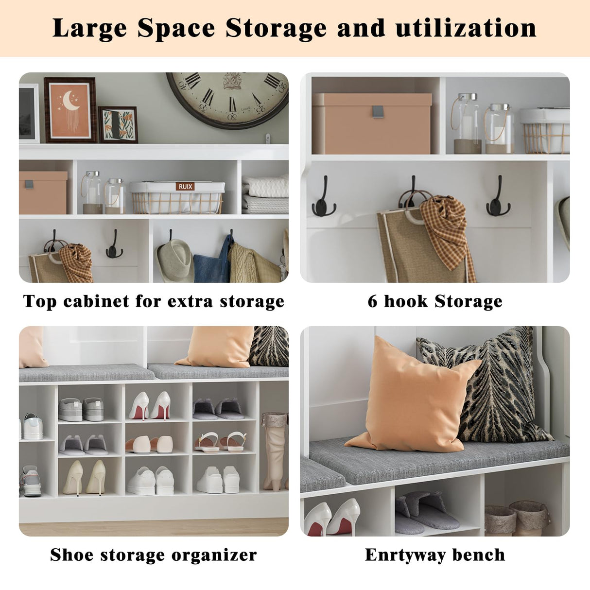 Wodeer Hall Tree with Bench and Shoe Storage, 4-in-1 White Hall Tree with Shelves, 6 Coat Hooks and Adjustable Shoe Storage Shelves for Entryway, Hallway, Bedroom Wodeer