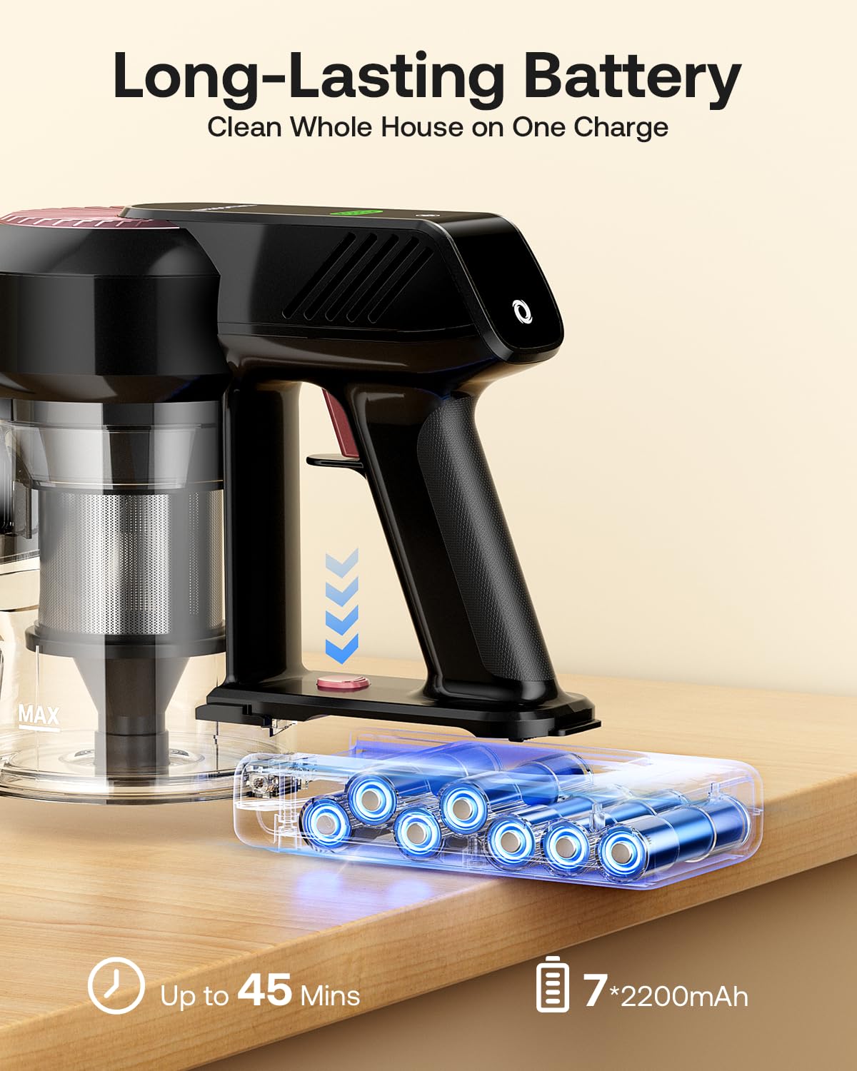 Cordless Vacuum Cleaner, 40Kpa 45Mins Vacuum Cleaners for Home, 8-in-1 Lightweight Stick Vacuum with Powerful Suction, Anti-tangle Wireless Vacuum for Carpet, Tile, Pet Hair, Hardwood Floors, Black Trucozie