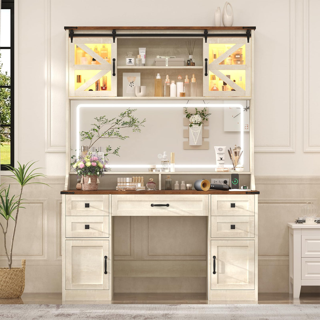 75.2" Farmhouse Makeup Vanity Desk with Large Lighted Mirror and Sliding RGB Cabinets, Large Vanity Table with Charging Station & 5 Drawers & Barn Doors, Tall Makeup Desk with Storage Shelves Aiguazi