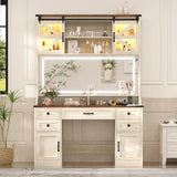 75.2" Farmhouse Makeup Vanity Desk with Large Lighted Mirror and Sliding RGB Cabinets, Large Vanity Table with Charging Station & 5 Drawers & Barn Doors, Tall Makeup Desk with Storage Shelves Aiguazi