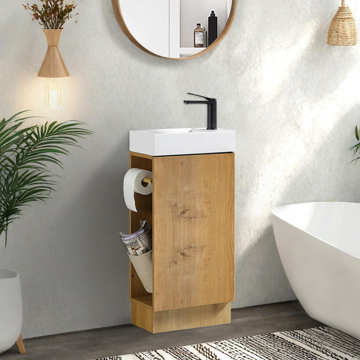 JINDOLI 16“ Bathroom Vanity Sink Combo for Small Space, Modern Floor-standing Small Bathroom Vanity with Sink, Small Bathroom Sink Cabinet Set with 2 Toilet Paper Holders, Snaefell Oak JINDOLI